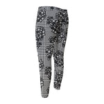 Black And White Floral Glen Plaid Print Men's Compression Pants