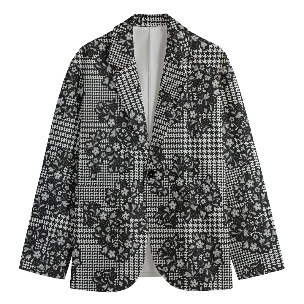 Black And White Floral Glen Plaid Print Men's Cotton Blazer