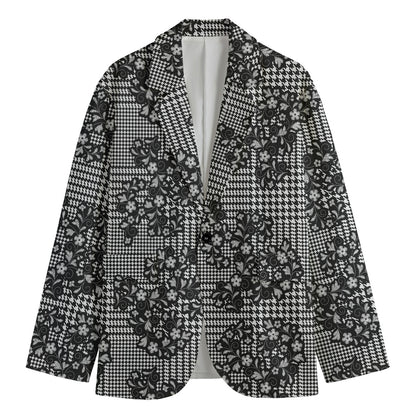Black And White Floral Glen Plaid Print Men's Cotton Blazer