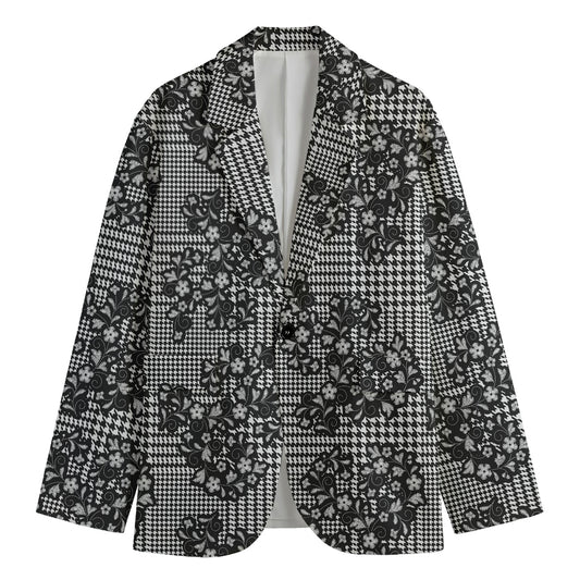 Black And White Floral Glen Plaid Print Men's Cotton Blazer