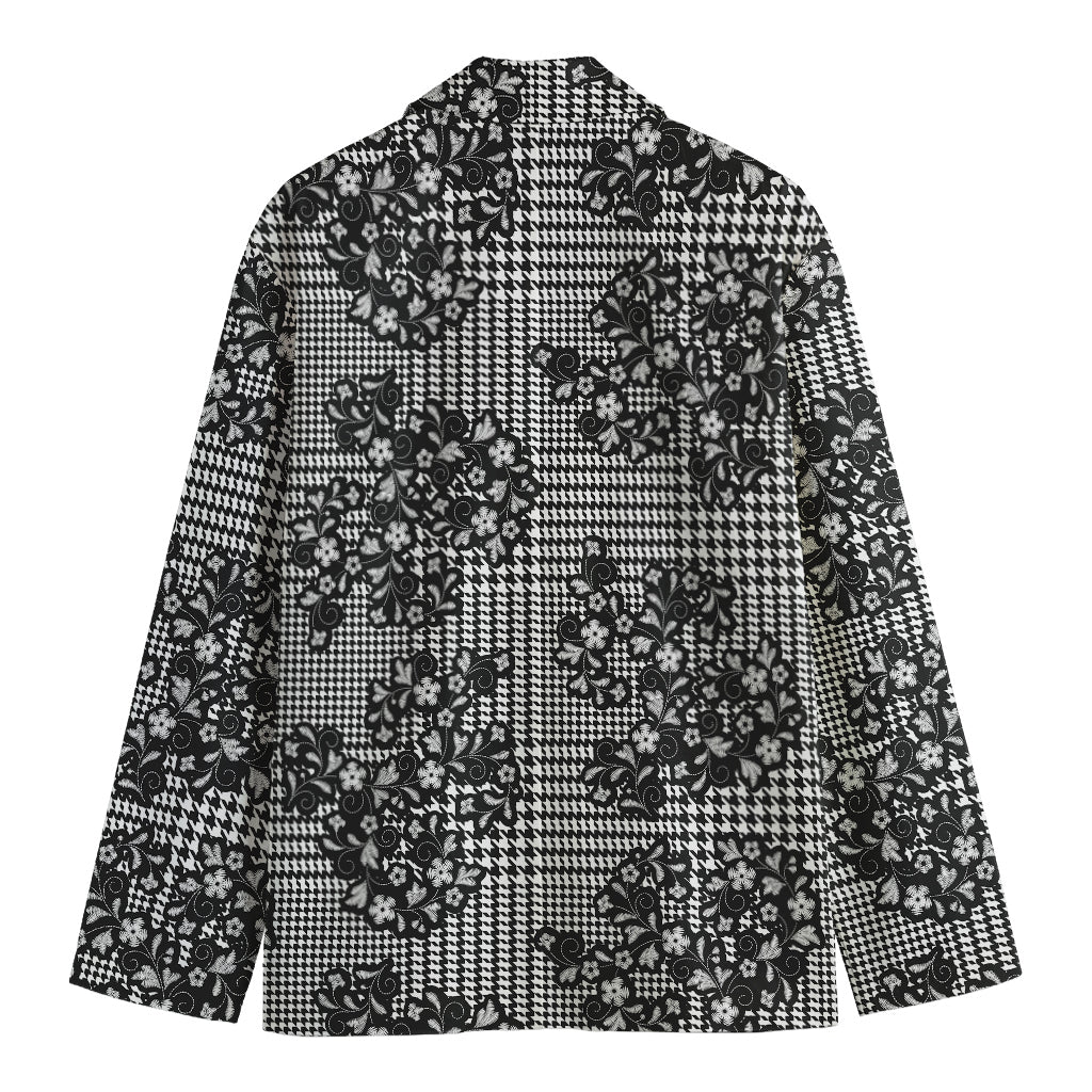 Black And White Floral Glen Plaid Print Men's Cotton Blazer