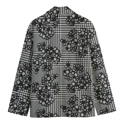 Black And White Floral Glen Plaid Print Men's Cotton Blazer