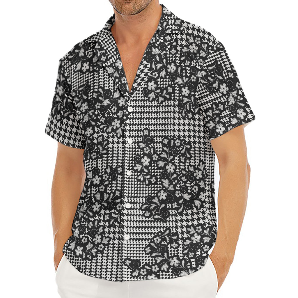 Black And White Floral Glen Plaid Print Men's Deep V-Neck Shirt