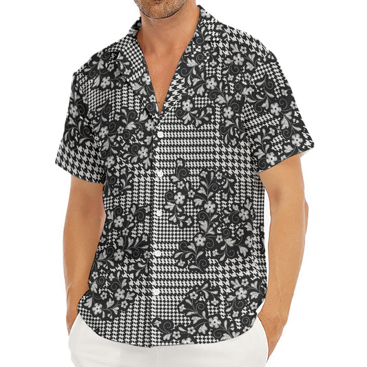 Black And White Floral Glen Plaid Print Men's Deep V-Neck Shirt