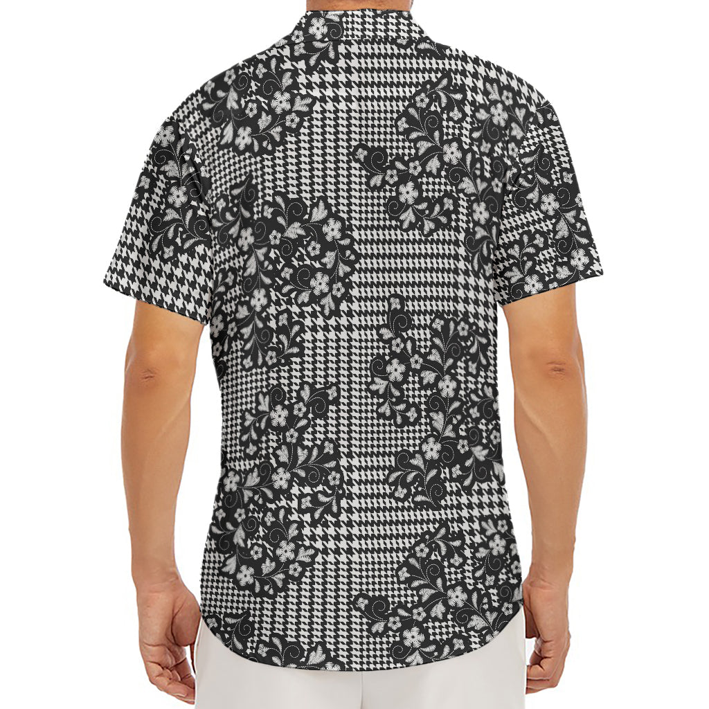 Black And White Floral Glen Plaid Print Men's Deep V-Neck Shirt