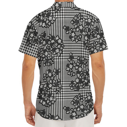 Black And White Floral Glen Plaid Print Men's Deep V-Neck Shirt