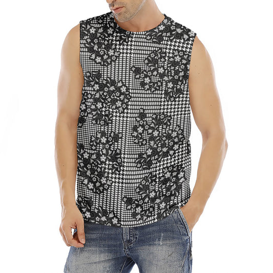 Black And White Floral Glen Plaid Print Men's Fitness Tank Top
