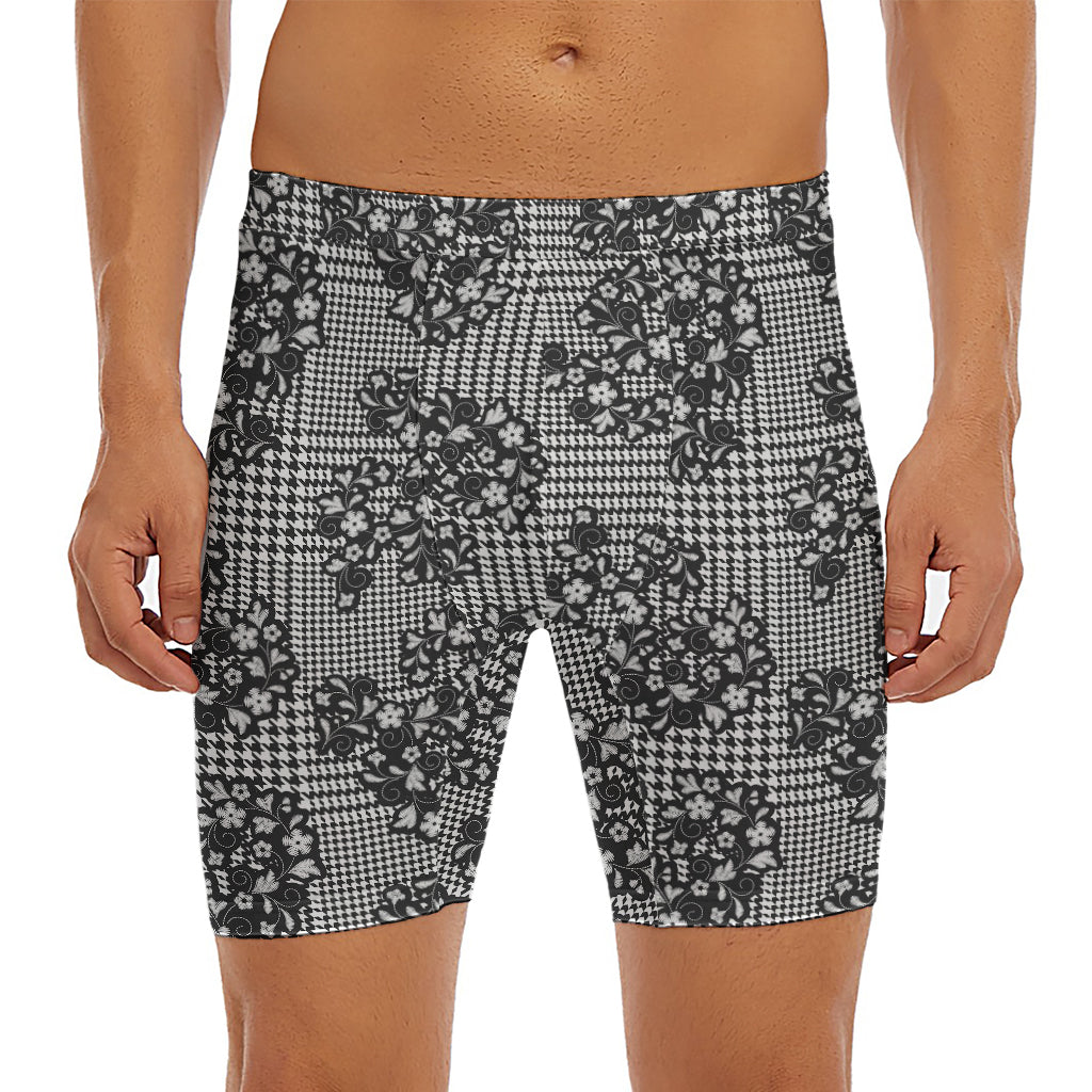 Black And White Floral Glen Plaid Print Men's Long Boxer Briefs