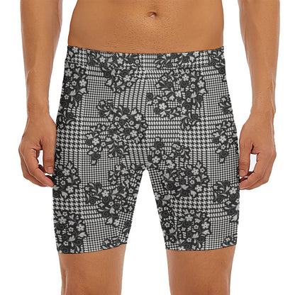 Black And White Floral Glen Plaid Print Men's Long Boxer Briefs
