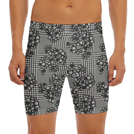 Black And White Floral Glen Plaid Print Men's Long Boxer Briefs