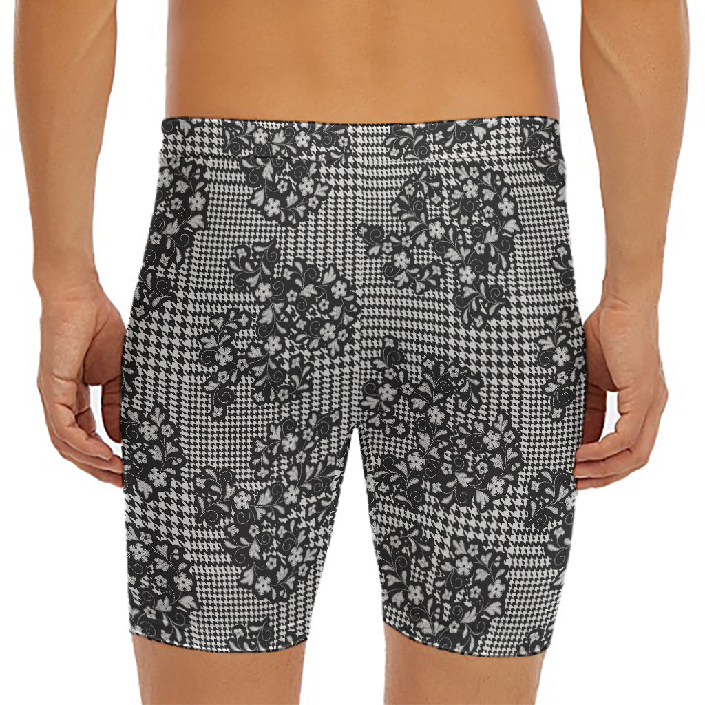 Black And White Floral Glen Plaid Print Men's Long Boxer Briefs