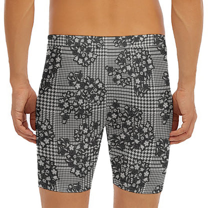 Black And White Floral Glen Plaid Print Men's Long Boxer Briefs