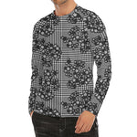 Black And White Floral Glen Plaid Print Men's Long Sleeve Rash Guard