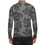 Black And White Floral Glen Plaid Print Men's Long Sleeve Rash Guard