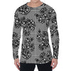 Black And White Floral Glen Plaid Print Men's Long Sleeve T-Shirt