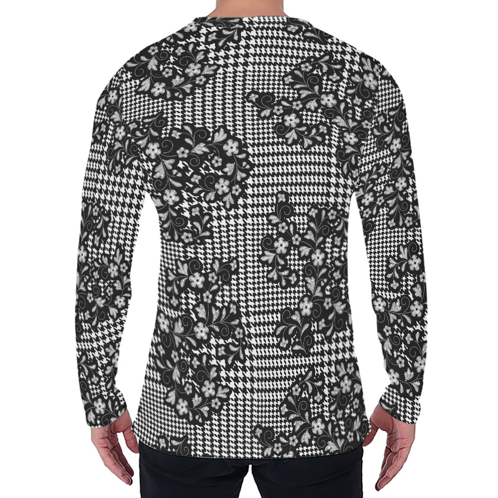 Black And White Floral Glen Plaid Print Men's Long Sleeve T-Shirt