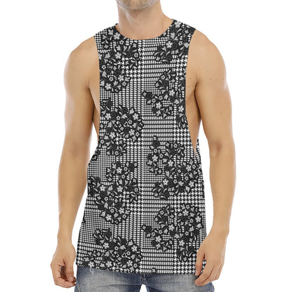 Black And White Floral Glen Plaid Print Men's Muscle Tank Top