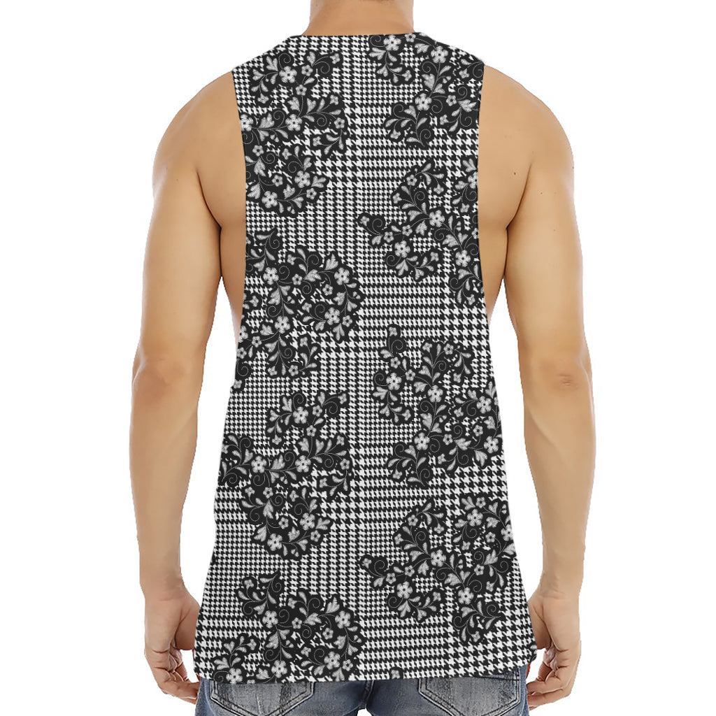 Black And White Floral Glen Plaid Print Men's Muscle Tank Top