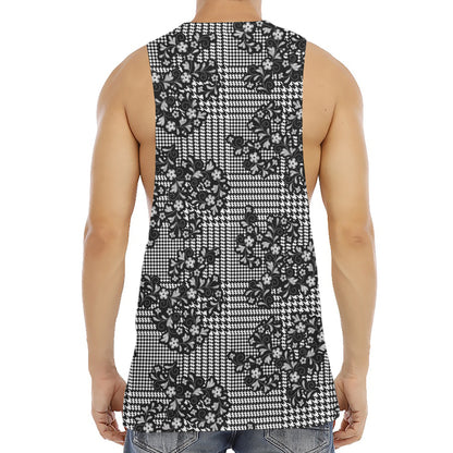 Black And White Floral Glen Plaid Print Men's Muscle Tank Top
