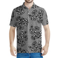 Black And White Floral Glen Plaid Print Men's Polo Shirt