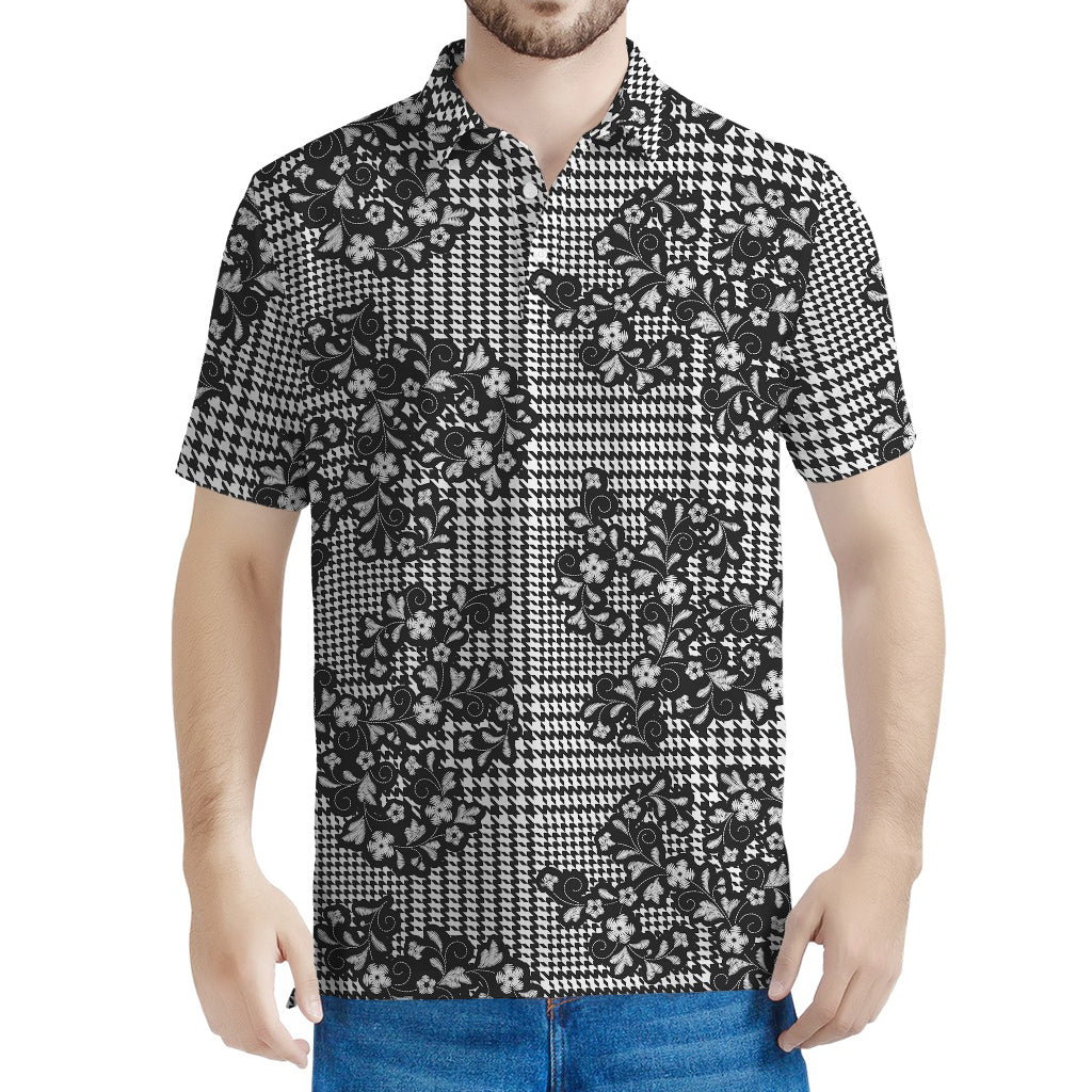 Black And White Floral Glen Plaid Print Men's Polo Shirt