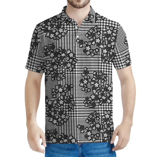 Black And White Floral Glen Plaid Print Men's Polo Shirt