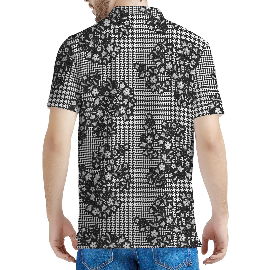 Black And White Floral Glen Plaid Print Men's Polo Shirt
