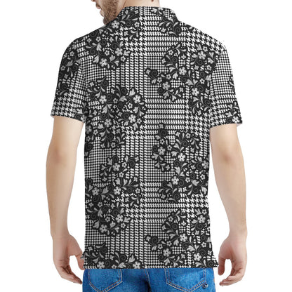 Black And White Floral Glen Plaid Print Men's Polo Shirt