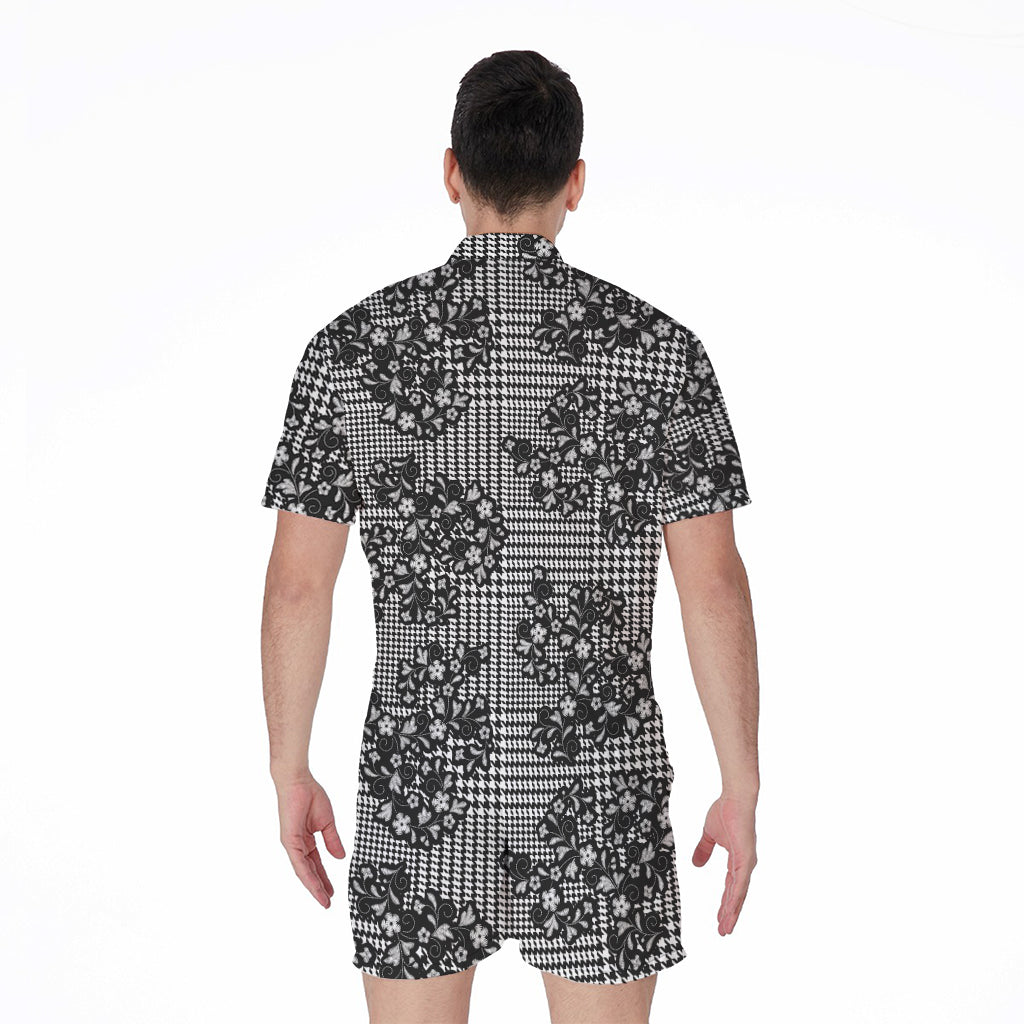 Black And White Floral Glen Plaid Print Men's Rompers