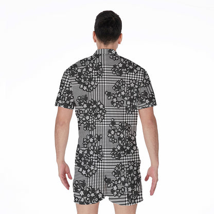 Black And White Floral Glen Plaid Print Men's Rompers