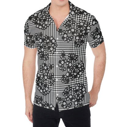 Black And White Floral Glen Plaid Print Men's Shirt