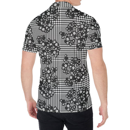 Black And White Floral Glen Plaid Print Men's Shirt