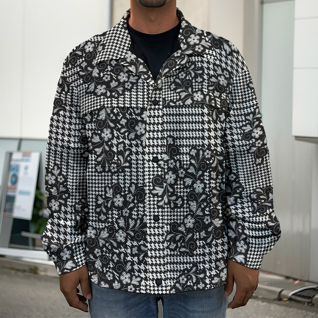 Black And White Floral Glen Plaid Print Men's Shirt Jacket