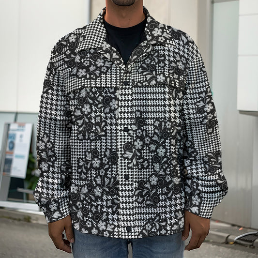 Black And White Floral Glen Plaid Print Men's Shirt Jacket