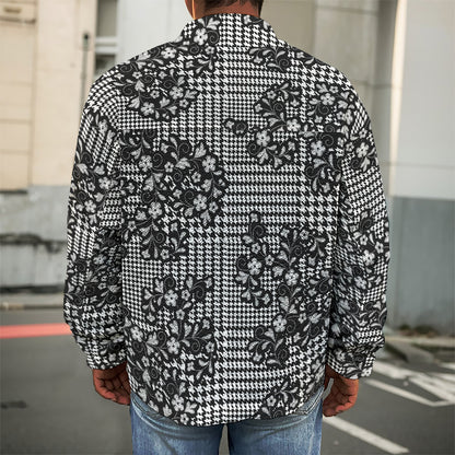 Black And White Floral Glen Plaid Print Men's Shirt Jacket