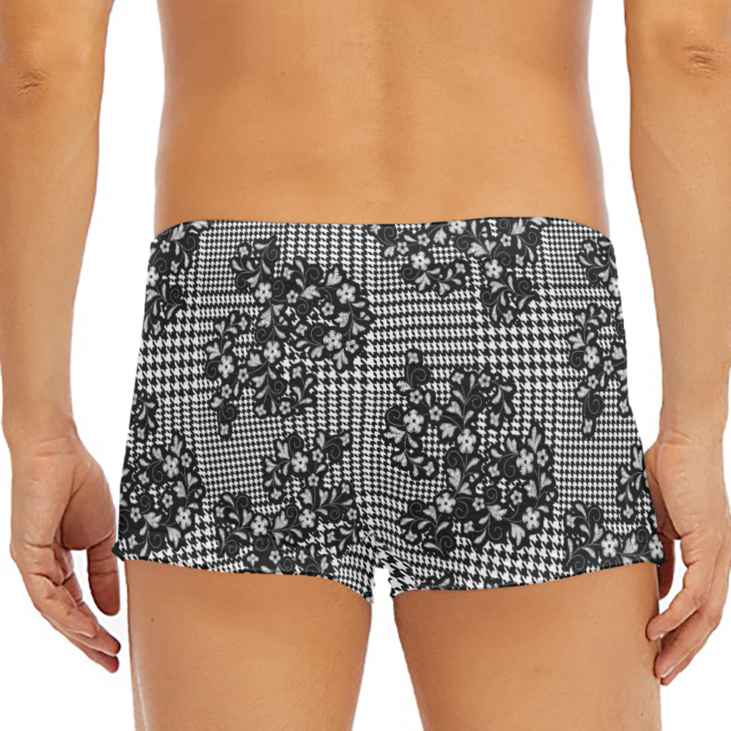 Black And White Floral Glen Plaid Print Men's Short Boxer Briefs