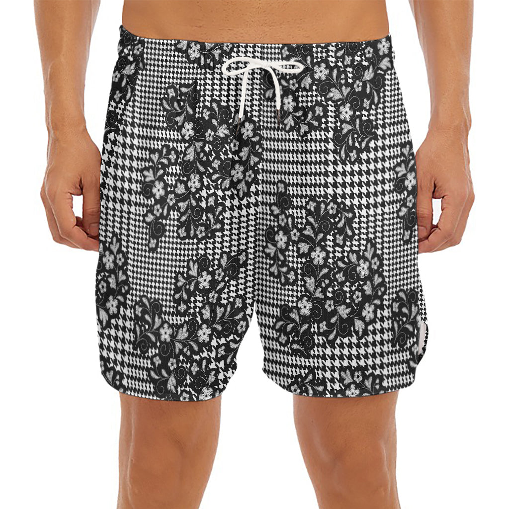 Black And White Floral Glen Plaid Print Men's Split Running Shorts