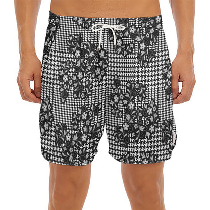 Black And White Floral Glen Plaid Print Men's Split Running Shorts