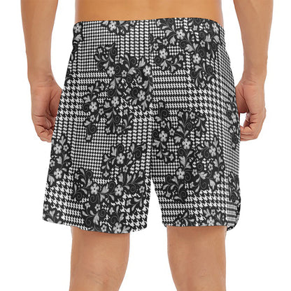 Black And White Floral Glen Plaid Print Men's Split Running Shorts