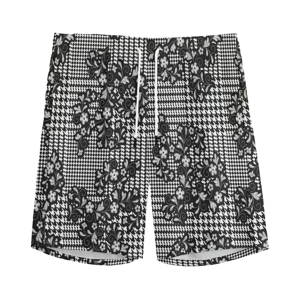 Black And White Floral Glen Plaid Print Men's Sports Shorts
