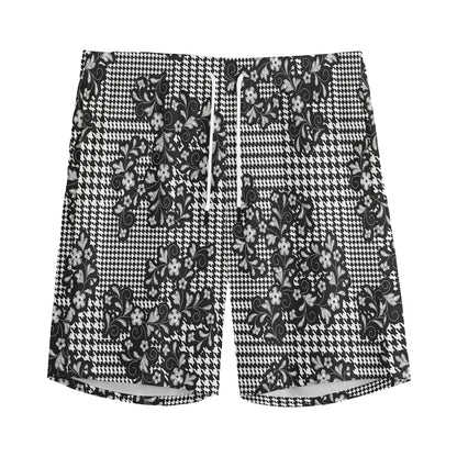 Black And White Floral Glen Plaid Print Men's Sports Shorts