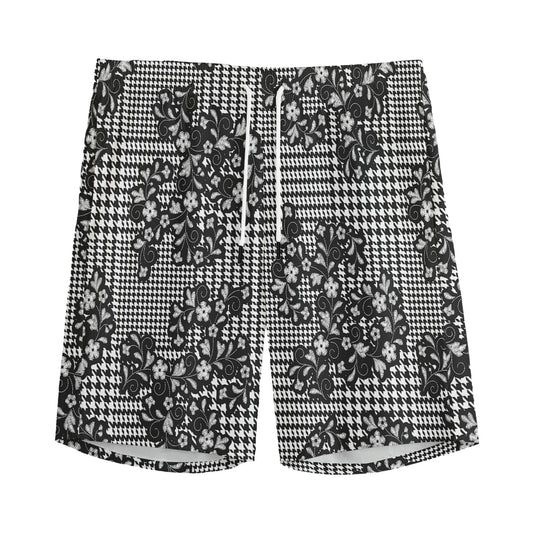 Black And White Floral Glen Plaid Print Men's Sports Shorts