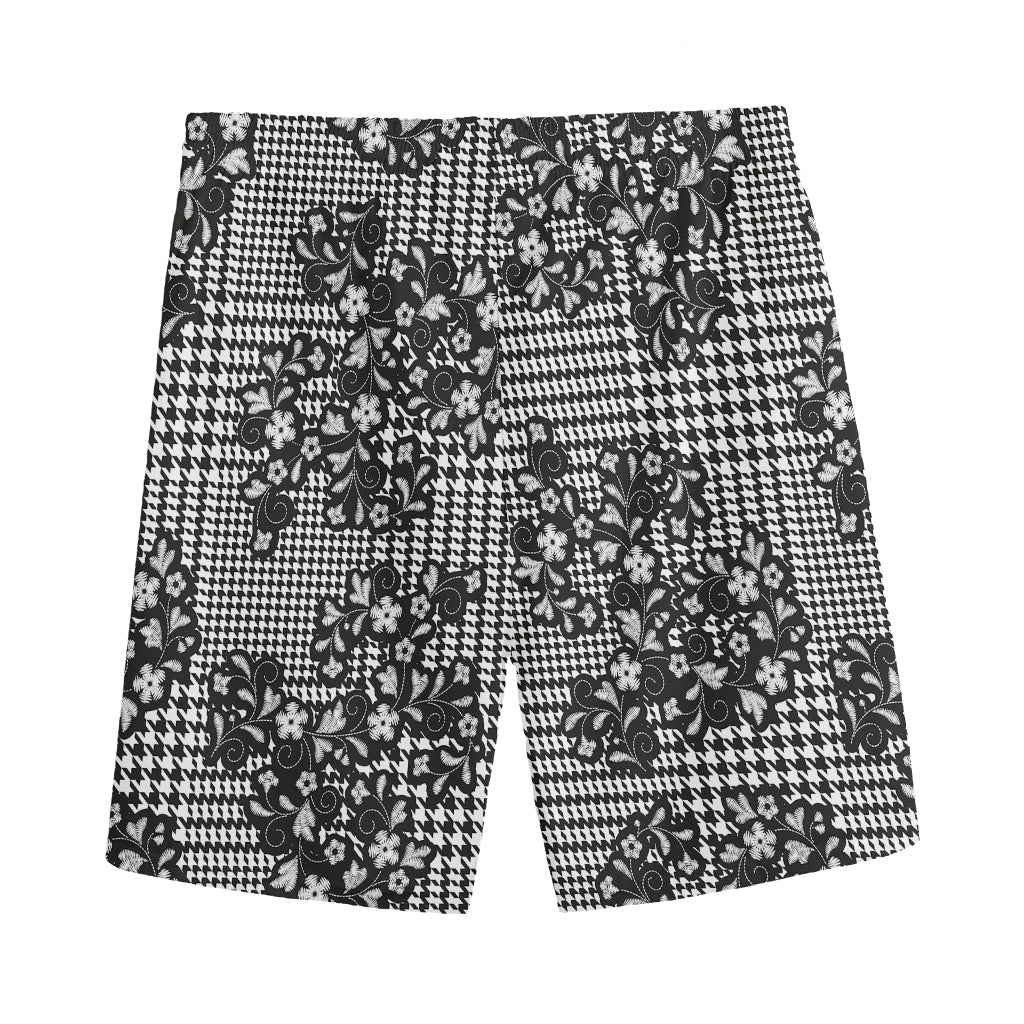 Black And White Floral Glen Plaid Print Men's Sports Shorts