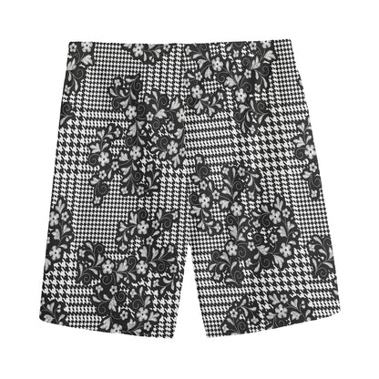 Black And White Floral Glen Plaid Print Men's Sports Shorts