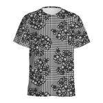 Black And White Floral Glen Plaid Print Men's Sports T-Shirt