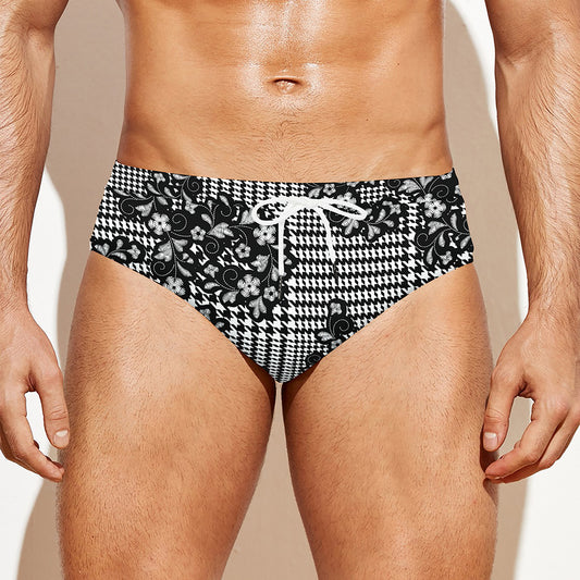 Black And White Floral Glen Plaid Print Men's Swim Briefs