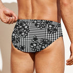 Black And White Floral Glen Plaid Print Men's Swim Briefs