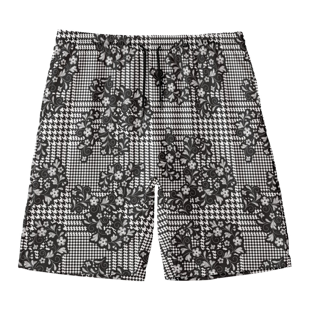 Black And White Floral Glen Plaid Print Men's Swim Trunks