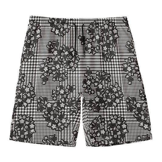 Black And White Floral Glen Plaid Print Men's Swim Trunks