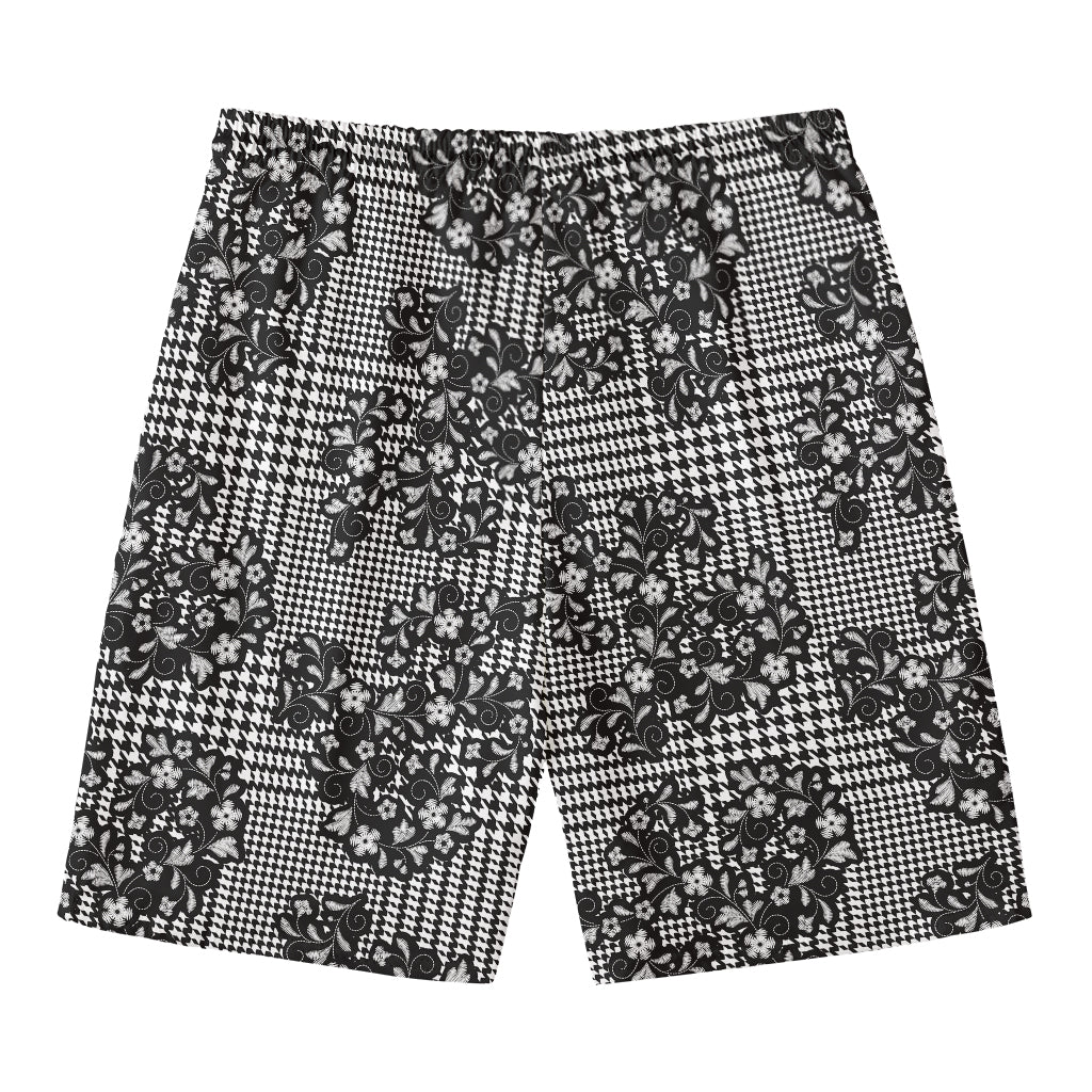 Black And White Floral Glen Plaid Print Men's Swim Trunks